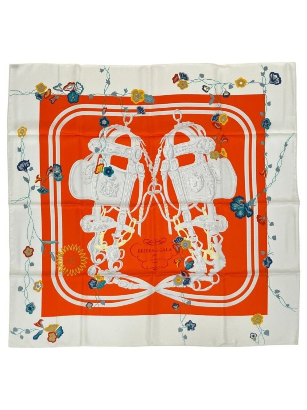 Hermes Brides de Gala Floral Carre 90 Roulis Flower Silk Scarf White Orange